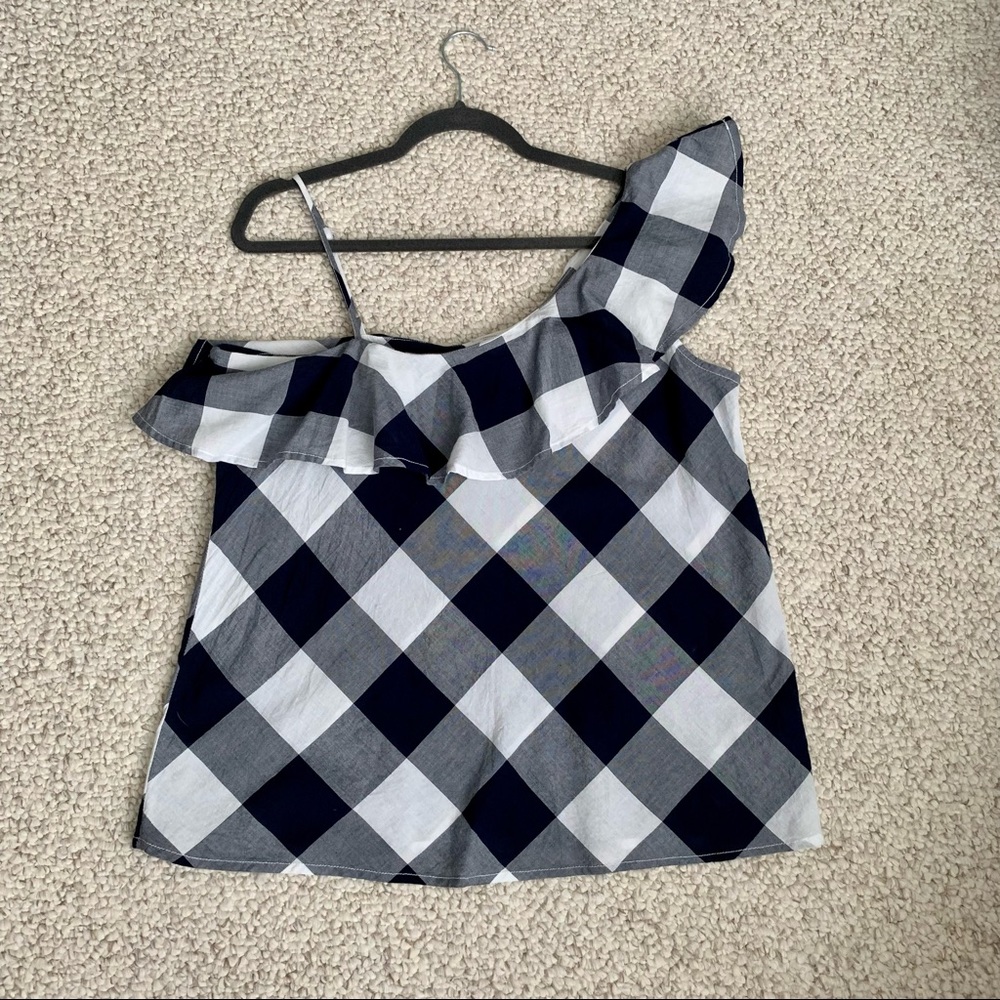 Asymmetrical ruffle sleeve spaghetti strap checkered top